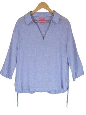 Isaac Mizrahi New York 100% Linen V-Neck Pullover Tunic Top XL Blue Lagenlook